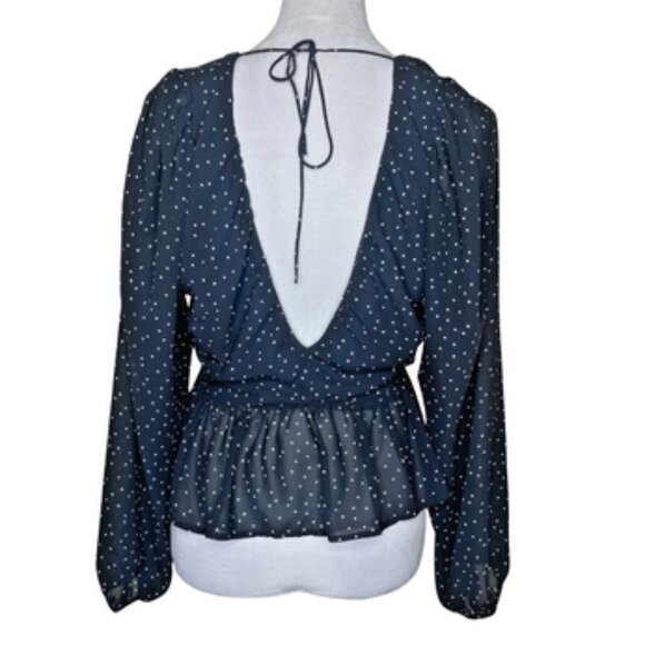 H&M Polka Dot Plunge V-Neck Back Tie Balloon Sleeve Peplum Blouse Coquettegirl L - Picture 5 of 15